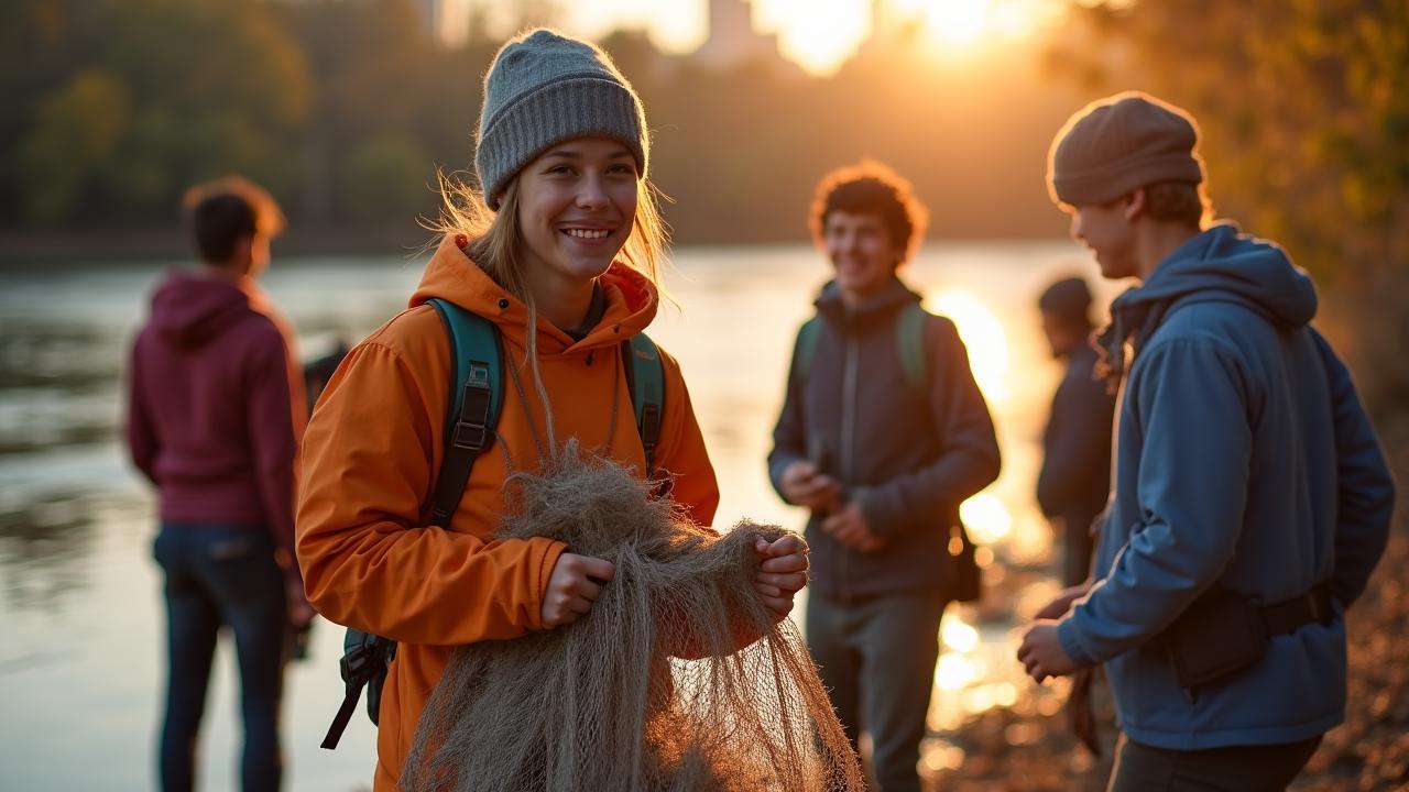 Member of SageHook helping with a shoreline cleanup at golden hour