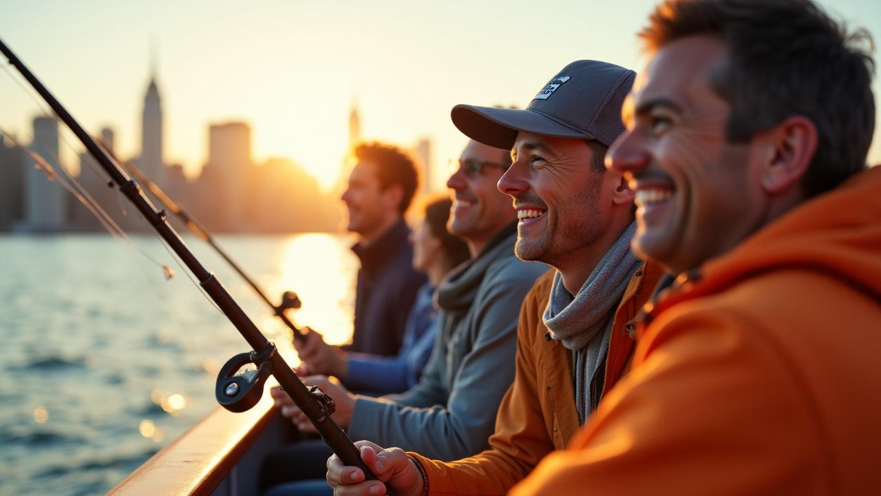 A diverse group of New York anglers cheering on a fishing boat at sunrise