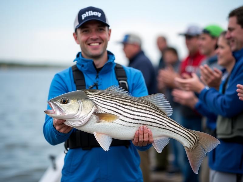 Winner holding a large striped bass at the Annual Bass-a-Thon