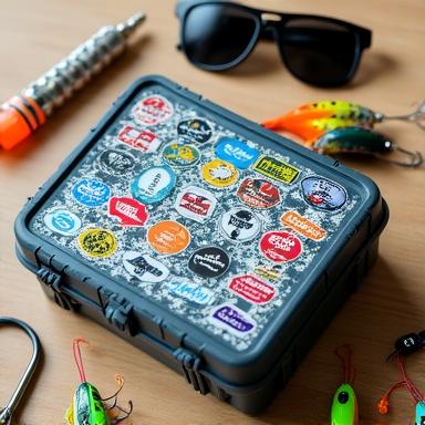 Close up of colorful fishing lures and club stickers