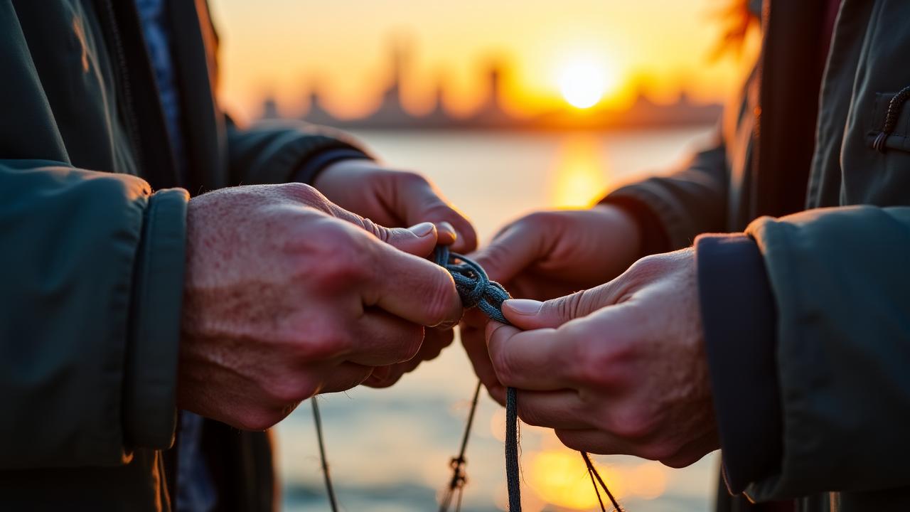 An experienced angler teaching a beginner how to secure a fishing knot on the Queens waterfront