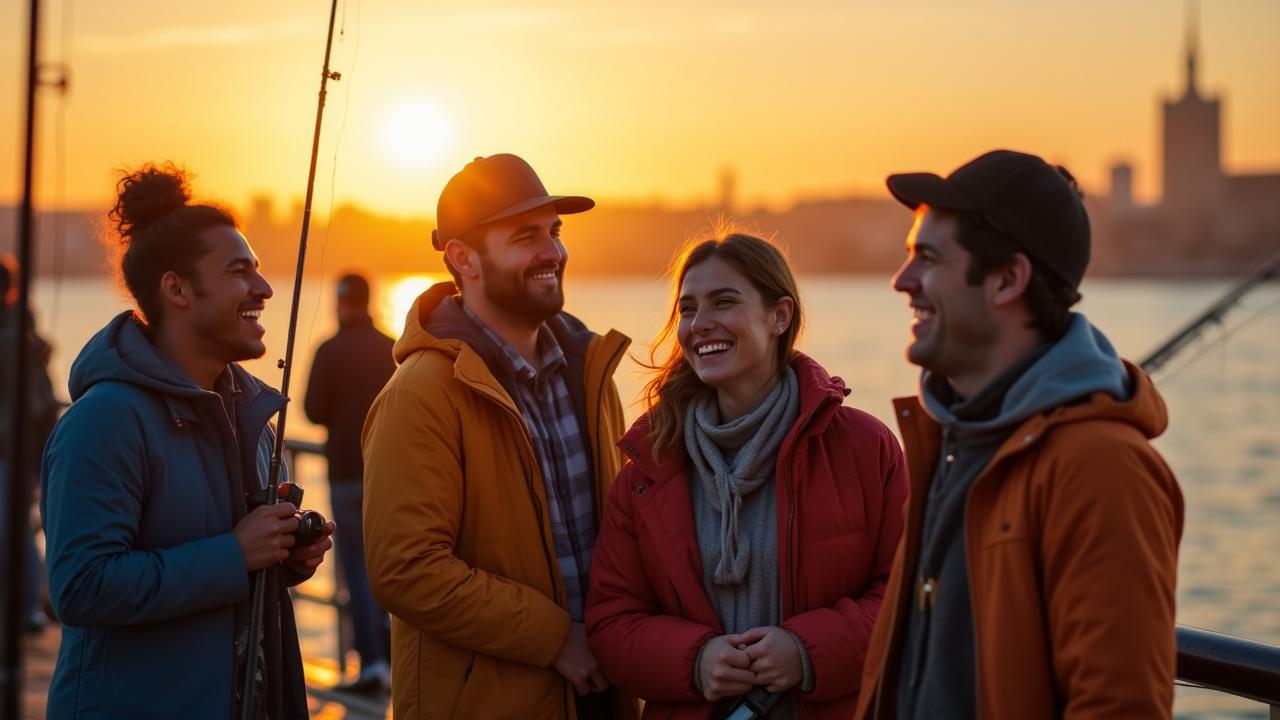 A diverse group of anglers sharing a moment on a New York pier at sunset